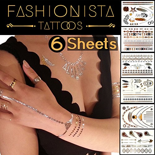 Fashionista Flash Tattoos - Best 87 Metallic Temporary Tattoos on 6 Sheets in Gold, Silver and Black Elegant Design