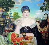 Graduation Gift. Russian Fine Art Print. Boris Kustodiyev, The Merchant's Wife Drinking Tea.