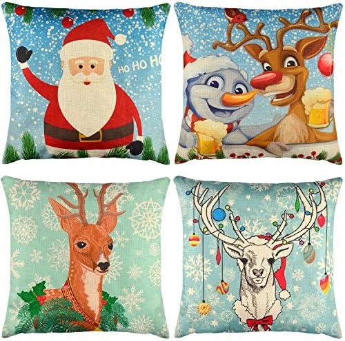 Elyhome 18x18 inches Set of 4 Linen Christmas Scene Decorative Square Cushion Throw Pillow Cover