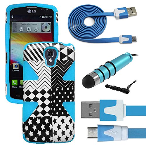 441 Wireless Hybrid Rugged Impact Proof Dual Layer Shock Resistant Case + USB 3.0 Data / Charging Cable &amp; Mini Pen Stylus Bundle Kit for Lg Volt Ls740 (Case USB Stylus Kit Design 010 Light Blue)