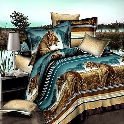 Grassland Lion Bedding Animal Print Comforter Polyester Queen Set 3D Oil Painting Duvet Cover Set 4Pcs Queen