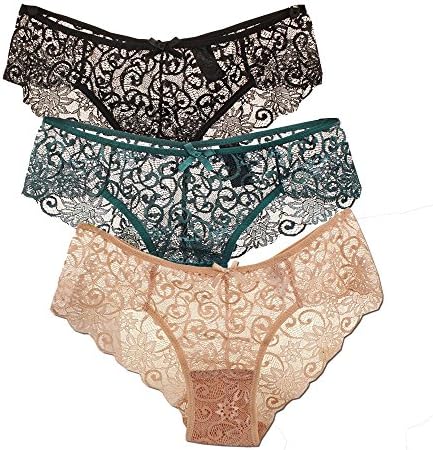 VEQKING Women's Sexy Full Lace Underwear Transparent Floral Bow Soft Briefs (XL, Black/Green/Fleash)