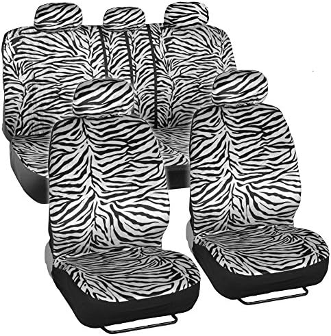 BDK Premium 9pc Safari Print Low Back Front Car Seat Rear Bench Head Rest Covers Set for Car Truck SUV (Zebra White)