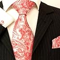 Paul Malone Krawatten Set 3tlg rot paisley Seidenkrawatte + Manschettenknöpfe + Einstecktuch