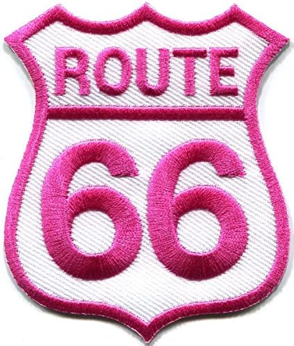 Route 66 Classic Road Patch (Pink on White)embroidered Iron on Hat Jacket Hoodie Backpack Ideal for Gift/ 6.5cm(w) X 8cm(h)
