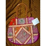 Womens Purse Boho Beaded Pink Purple Sari Handbag