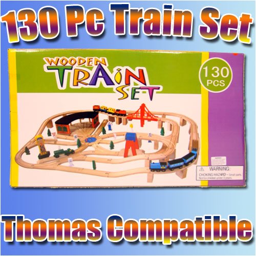 61oFlNXQtyL 130 Piece Wooden Roundhouse Train Set. Compatible with Thomas the Tank Engine Train and Brio.