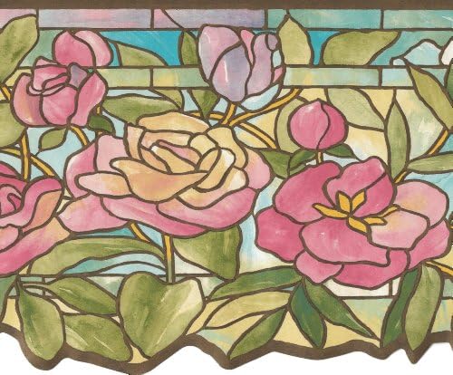 Wallpaper Border Victorian Floral Stained Glass Pastel Pink Blue Green Gold