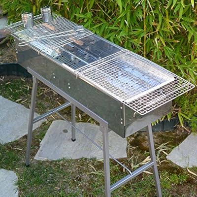 Party Griller 32" x 11" Stainless Steel Charcoal Barbecue Grill w/ 2x Stainless Steel Mesh Grate - Portable BBQ Kebab, Satay, Yakitori Grill. Makes Juicy Shish Kebob, Shashlik, Spiedini on the Skewer