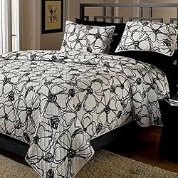 3pc Modern Quilt White Black Floral Bedding Set King