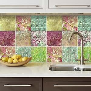 Autocollant Carrelage D&eacute;coratif Floral Dessin pour Cuisine (Pack avec
