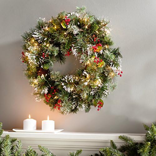 30 Inch Christmas Wreath with Red Berries, Pine Cones &amp; Holly Leaves, Snowflakes, Pre-lit with Lights