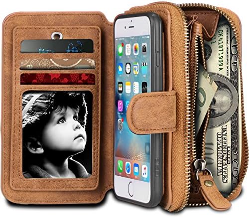 iPhone 6S Plus Case, WINNETEK PVC Material Waterproof iPhone 6S Plus Wallet Case with Hidden Mirror, Zipper Purse Wrist Card Slots Detachable Soft Rubber Bumper Case for iPhone 6/6S Plus - Brown