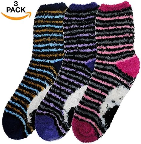 Freshox Women's (3 Pairs) Anti-Skid Fuzzy Crew Socks and FREE Gift box (Assortment #4)