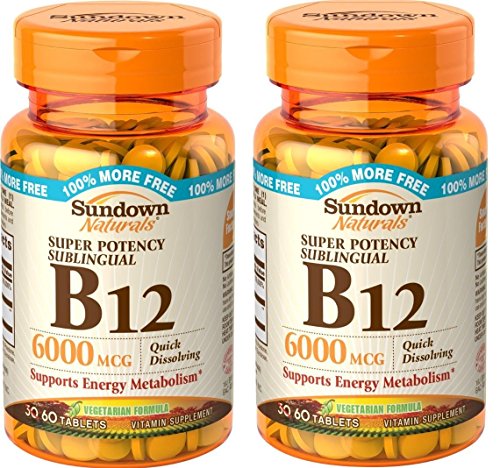 Sundown Naturals Sublingual B-12 6000 Mcg Tablets, 120 Count (2 X 60 Count Bottles)