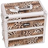 33.25 inch 4 in 1 Leopard Print Aluminum Finish Travel Rolling Wheeled Professional Makeup Organizer Trolley w/ 3 Detachable Trays + 3 Aluminum Drawers