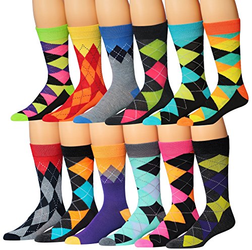 James Fiallo Men's 12-Pairs Funky Colorful Argyle Crew Dress Socks