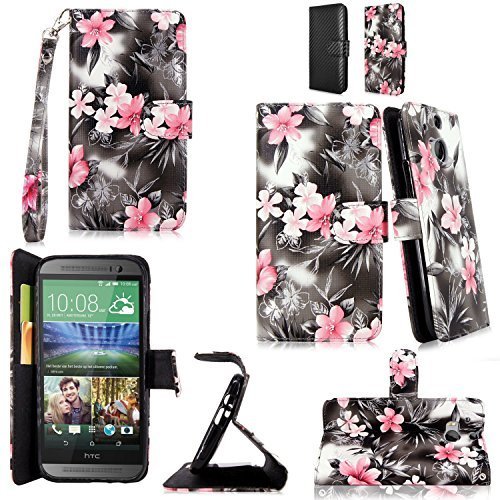 Cellularvilla Wallet Case for HTC One M8 Pu Leather Wallet Card Flip Open Pocket Case Cover Pouch (Black Pink Flower)