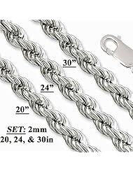 2mm ("COMBO SET" of Three) - .925 Italian Sterling Silver 20", 24", & 30" inches Diamond-cut Rope Chain Necklace with Lobster Clasp - NICKEL FREE