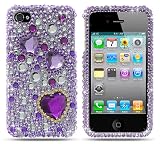 Apple iPhone 4 / 4S (AT&T/Verizon/Sprint) Full Diamond Rhinestone Purple Heart Premium Design Crystal Hard Case + Bonus 5.5 inch Light Green Screen Cleaning Cloth