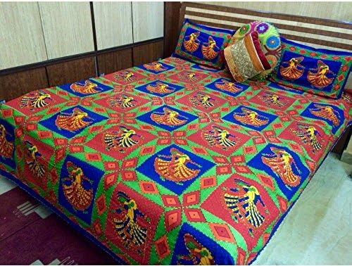 Indian Handmade Kantha Stitch Work King Size Cotton Bedsheet Traditional Rajasthani Bed Sheet