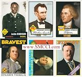 2009 Topps American Heritage Series Complete Mint Basic 125 Card Set. Cards Are Broken Down Into Groups Highlighting Miltary Heroes, Political Heroes, Civil Rights Heroes, The Bravest, The Finest, Heroic Groups, Events and Movements, Heroes of Medicine, Humanitarian Heroes, Diplomatic Heroes and Pen Is Mightier Than Sword. A Fantastic Look At American History Featuring George Washington, John Mccain, Thomas Jefferson, Abe Lincoln, Ronald Reagan, Barack Obama, Jackie Robinson, Ben Franklin, Paul Revere, Theodore Roosevelt, Helen Keller, Dwight Eisenhower and More!