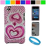 Premium Two Piece Rhinestone Design Protective Cover Case for Apple iPod Touch 4th Generation (8GB 16GB 32GB) iPod Touch 4 Latest Gen+ Mirror Screen Protector for Apple iPod Touch 4th Generation + SumacLife TM Wisdom Courage Wristband, Pink Heart