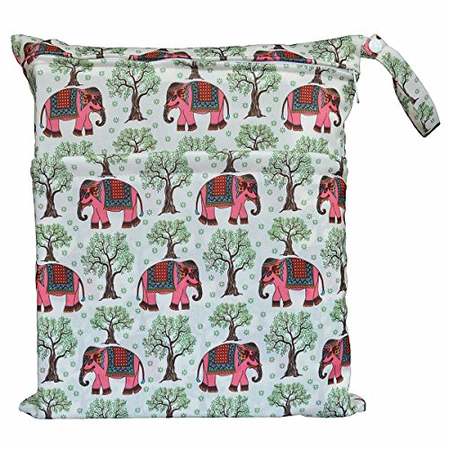 Wet Dry Bag Baby Cloth Diaper Nappy Bag Reusable with Two Zippered Pockets (Red Elephant)