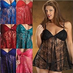 Lace Babydoll /w Thong in Plus Sizes 1x 2x 3x Black Emerald Pink Bordeaux Red Purple Blue