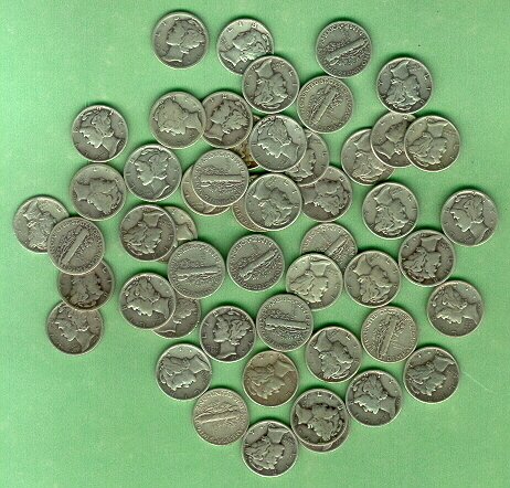 50 Silver MERCURY DIMES 1934-1944 All Grade Good++