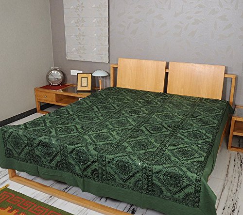 Imagen 3 de Rajrang diseñador Colcha Algodón verde bordado Floral Doble Colcha