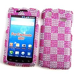 Samsung Captivate I897 (AT&T) Snap-on Protector Hard Case Rhinestone Cover "Pink & Silver Checkers" Design
