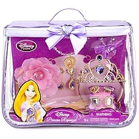 Disney Store Princess Rapunzel Costume Accessories Set Princess purse, tiara / Crown , hair piece, necklace, bracelet, pair of earrings, and 4 rings - 10 piece
