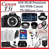 Canon EOS Rebel T3i (600d) SLR Digital Camera w/ Canon 75-300mm Lens, 3 Extra Lens, 2x Extended Life Batteries, 8gb Sdhc Memory Card, Soft Carrying Cases, Tripod & Much More !!