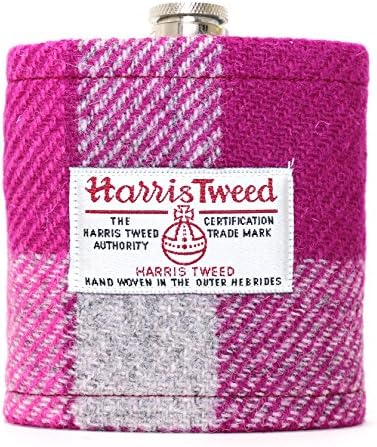 Stylish Authentic Harris Tweed Ladies Gents 6oz Hipflask In Pink Herringbone