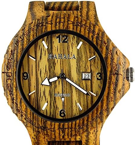 Handmade Hawaiian Style Wooden Watch w/ Petroglyphs Made with Zebra Bacote Wood Kahala Brand Limited Edition