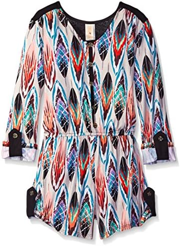 Truluv Girls' Feather Print 3/4 Sleeve Romper, Multi, 14