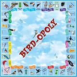 Bird-Opoly Garden Bird Monopoly Board Game featuring; Loon, Gold Finch, Reuby-Throated Hummingbird, California Condor, White Pelica, Swan, Flamingo, Wiood Stork, Bald Eagle, Canada Goose, Great Horned Owl, Pigeons, DOves, Mallard Duck Red Tailed Hawk, Peregrine Falcon, Roadrunner, Crow, Pileated Woodpecker, Blue Jay, American Robin, Norhtern Cardinal, Baltimore Oriol, Chimney Swift and Black Capped Chickadee