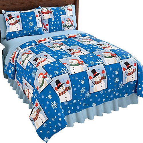 Holiday Winter Snowman Fleece Coverlet, Blue And White, King