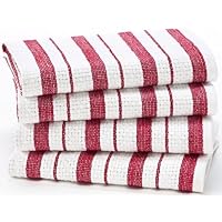 4 Pack Oversized Dish Cloth sets by Cotton Craft - size 15x15 - Pure 100% Cotton - Crisp Basketweave striped pattern with hanging loop - Highly absorbent, soft and sturdy - in 6 cheerful colors Spice, Green, Red, Linen, Black, and Blue - Save 50%