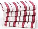Red Stripe - 4 Pack Oversized Dish Cloth sets in Spice by Cotton Craft - Size 15x15 - Pure 100% Cotton - Crisp Basketweave striped pattern with a hanging loop - Highly absorbent, soft & sturdy - Other colors - Spice, Green, Linen, Black & Blue - Easy care machine wash