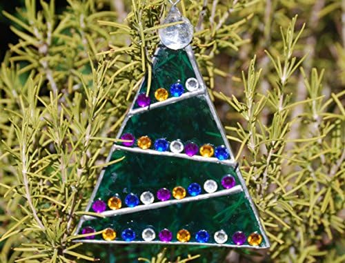 Handmade Christmas tree ornament with silver solder and pretty gems attached, suncatcher.