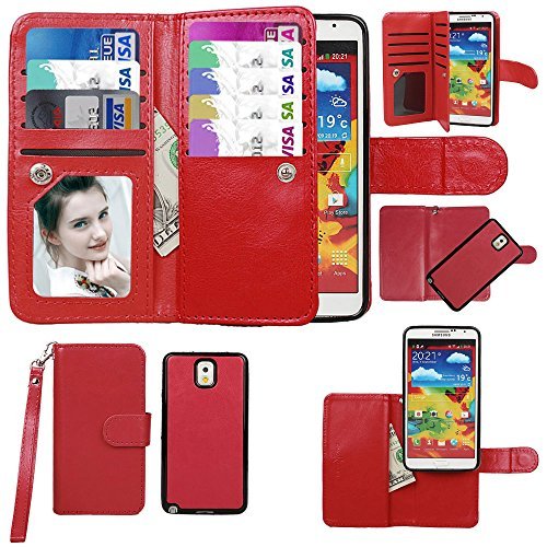 Samsung Galaxy Note 2 II Case, xhorizon TM Premium Leather Folio Case [Wallet Function] [Magnetic Detachable] Fashion Wristlet Lanyard Hand Strap Purse Soft Flip Book Style Multiple Card Slots Cash Compartment Pocket with Magnetic Closure Case Cover Skin ZA5 for Samsung Galaxy Note 2/II (N7100) - Red