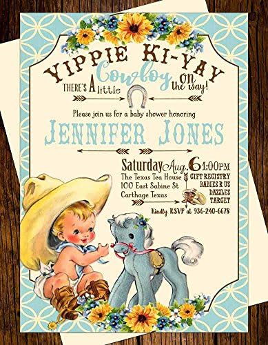 "Yippie Ki Yay" Baby Shower Invitations Vintage Western Cowboy Boots Horseshoe