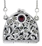 Sterling Silver Marcasite / Natural Garnet Filigree Purse Locket / Prayer Box
