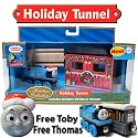 Exclusive Christmas Thomas and Holiday Tunnel Set with Additional Regular Thomas and Regular Toby for Free. 3 Trains and one Holilday Themed Tunnel for one Low price