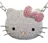Large Silver Hello Kitty Crystal Cz Necklace with Pink Bow, Rhodium Plated, Celebrity Pendant