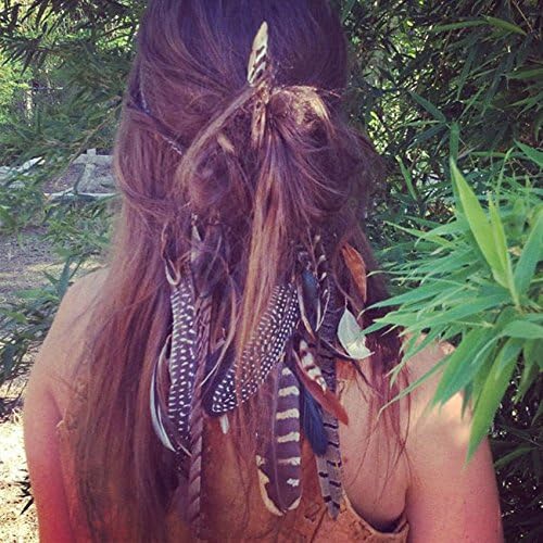 Palytte Bohemian Spotted Black and White Guinea Hen Feathers with Turquoise Feathers Headband