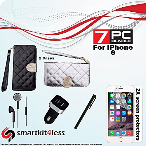 Fashion Combination Pack Includes 7 Pcs Accessory Bundle for I Phone® 6, Include Two Plaid design Cases (two different colors) with handle , Dual USB Car Charger, 2 X Screen Protector, Stylus Pen, Stereo Earphones GET 7 Products for the Price of ONE or Two (Black/silver)
