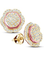 10K White and Pink Two Tone Gold Micro Pave Set Round Diamond Flower Stud Earrings with Screw Back Closure - (1/3 cttw)